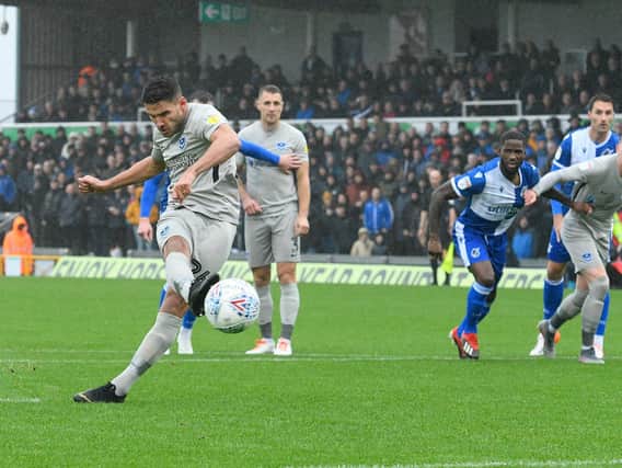 Gareth Evans opened the scoring from the penalty spot for Pompey at Bristol Rovers. Picture: Graham Hunt