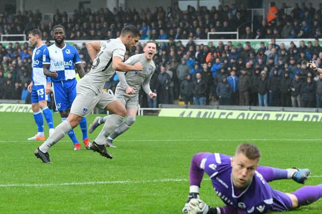 Gareth Evans celebrates giving Pompey the lead at Bristol Rovers. Picture: Graham Hunt