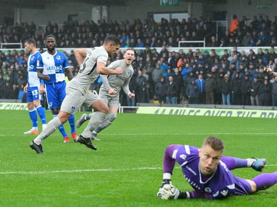 Gareth Evans celebrates giving Pompey the lead at Bristol Rovers. Picture: Graham Hunt