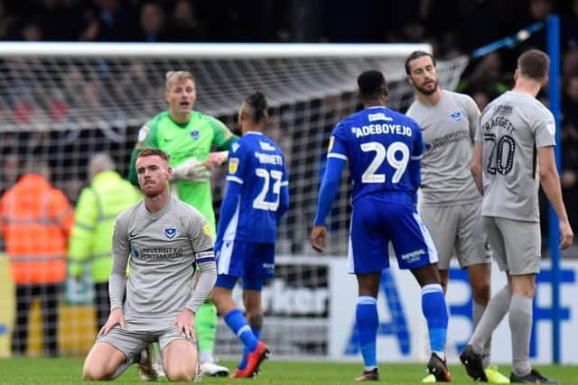 Tom Naylor dejected after Pompey's 2-2 draw at Bristol Rovers. Picture: Graham Hunt
