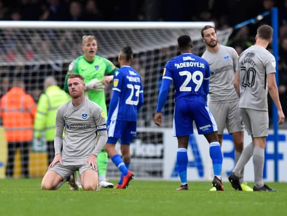 Tom Naylor dejected after Pompey's 2-2 draw at Bristol Rovers. Picture: Graham Hunt