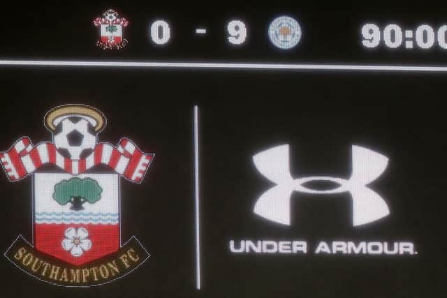 The LED screen shows the record breaking 9-0 scoreline after the Premier League match between Southampton and Leicester City