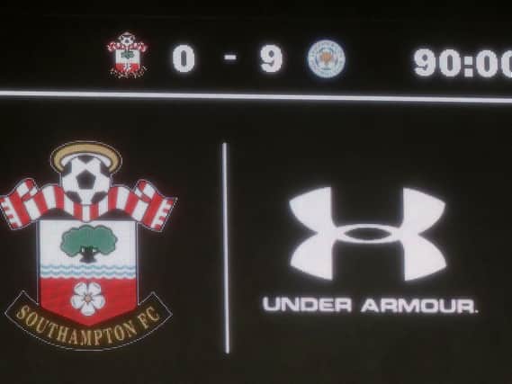 The LED screen shows the record breaking 9-0 scoreline after the Premier League match between Southampton and Leicester City