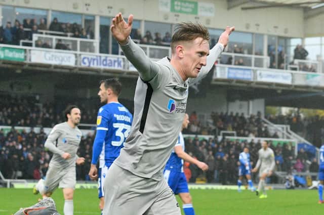 Ronan Curtis celebrates scoring against Bristol Rovers on Saturday