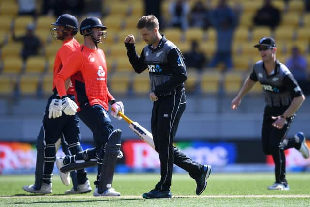 Lockie Ferguson celebrates dismissing James Vince in Wellington