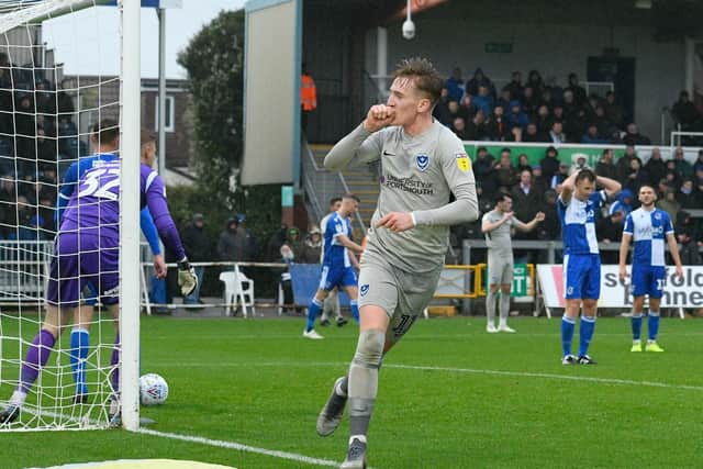 Ronan Curtis celebrates his goal at Bristol Rovers. Picture: Graham Hunt