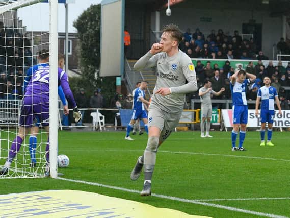 Ronan Curtis celebrates his goal at Bristol Rovers. Picture: Graham Hunt