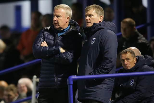 Joe Gallen and Kenny Jackett plot Pompey's course against Southend on Tuesday night. Picture: Robin Jones/Getty Images