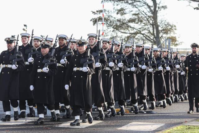 Personnel marching around HMS Excellent on Wednesday. Picture: LPhot Joe Cater