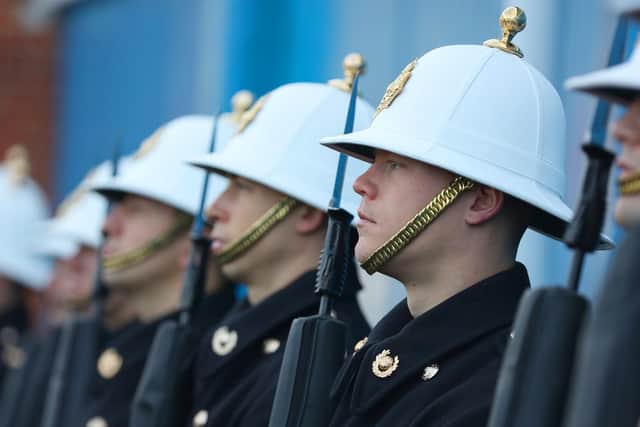 Those taking part are trained under the watchful eye of WO1 Eddie Wearing, the Royal Navys state ceremonial training officer, and his team of instructors from HMS Collingwood in Fareham. Picture: LPhot Joe Cater