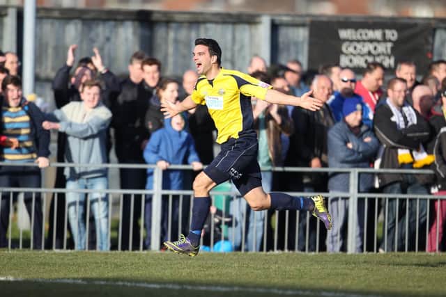 Gosport's Tim Sills celebrates one of his two goals in Borough's 2-0 Trophy semi final second leg win over Hawks in 2014 - one of two occasions Hawks have reached the last four.