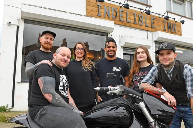 Gez Bradley (seated on his Suzuki VZR 1800cc Custom Intruder)  with, from left, Harry Hillyer, Hannah Bradley, 'Silk', Jenny Ryan-Fecitt, and Thomas Hoar 
Picture: Malcolm Wells (061119-9671)