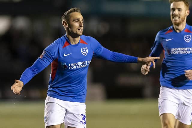 Brandon Haunstrup celebrates his maiden Pompey goal at Harrogate. Picture: Daniel Chesterton/PinPep