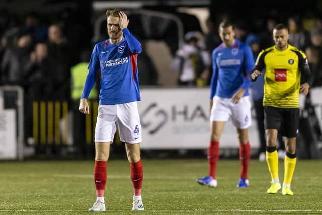 A dejected Tom Naylor contemplates conceding from another set-piece in Monday night's 2-1 victory at Harrogate Town. Pixture: Daniel Chesterton/PinPep