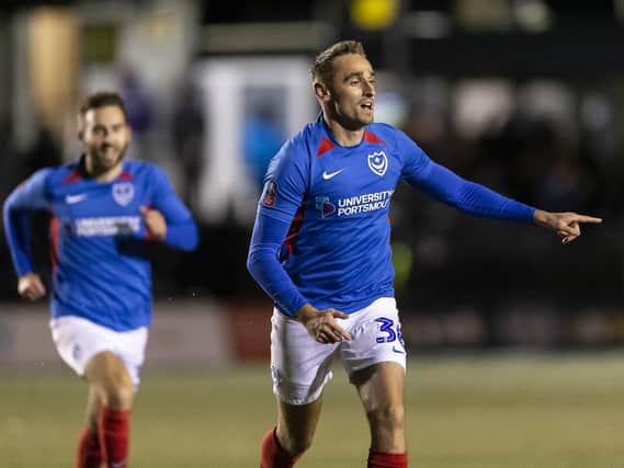Brandon Haunstrup celebrated his maiden Pompey goal on Monday night - arriving in his first start at right-back. Picture: Daniel Chesterton/PinPep