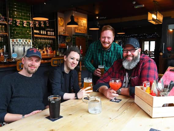 Well deserved awards for The  King Street Tavern in Portsmouth - (left to right) Dan Gates, Mike Bailey, Olly Willers, and Sean Marshall 

Picture: Malcolm Wells (301019-9162) 

Byline: Malcolm Wells
Credit: The News, Portsmouth
Source: The News, Portsmouth