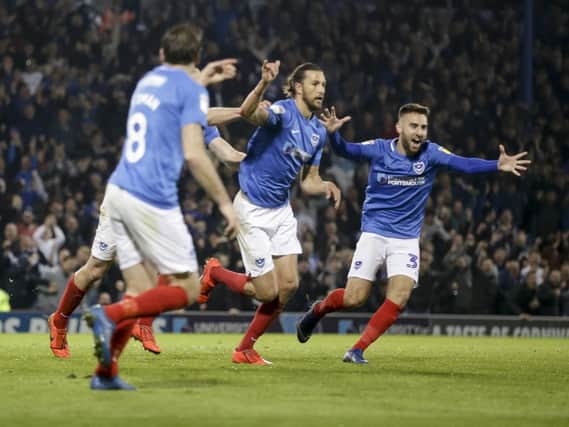 The last time a Pompey central defender scored was April 2019 - when Christian Burgess netted against Peterborough. Picture: Robin Jones