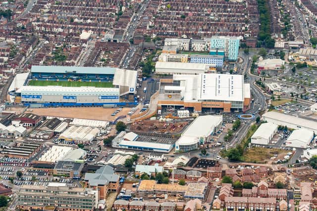 An aerial view of the Pompey Centre in Fratton Way, opposite Fratton Park, which has units pictured centre, top-right and right. Picture: Shaun Roster (www.shaunroster.com)