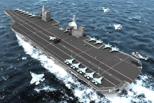 An early computer generated photo issued by the MoD showing one of two new Royal Navy aircraft carriers.  Photo: PA/MoD