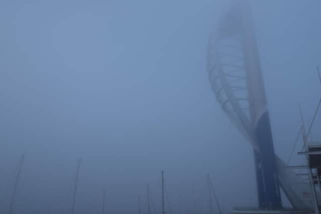 Fog engulfts the Spinnaker tower in Portsmouth. Picture: Steve Parsons/PA Wire