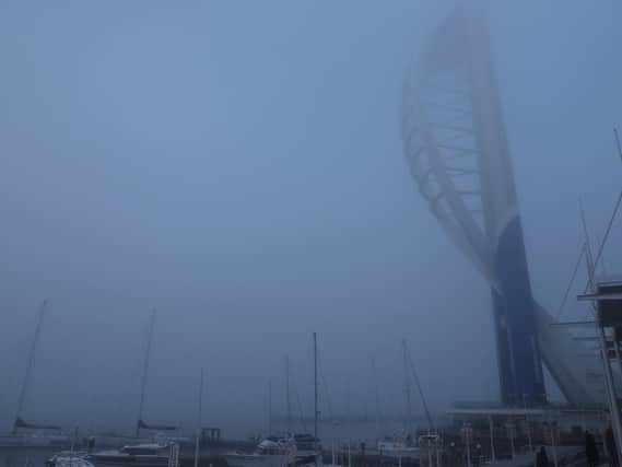 Fog engulfts the Spinnaker tower in Portsmouth. Picture: Steve Parsons/PA Wire
