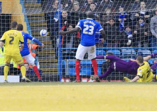David Connolly, left, gets in behind the Tranmere defence to score the only goal in Pompeys 1-0 win over Tranmere Rovers at Fratton Park Picture: Barry Zee