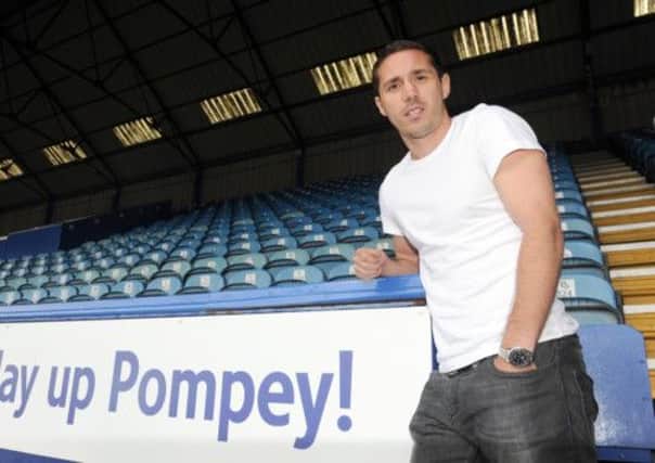 Joe Devera at Fratton Park after joining Pompey last month