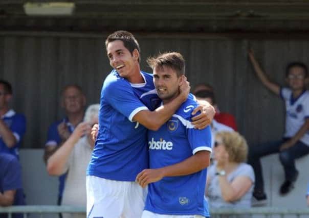 Ricky Holmes, right, celebrates his goal with fellow scorer Romain Padovani at Bognor on Saturday    Picture: Paul Jacobs