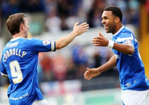 Andy Barcham, right, celebrates. Pic: Joe Pepler