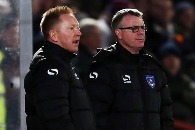 Gary Waddock, left, with former Pompey manager Andy Awford