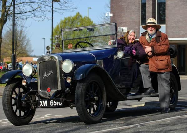 Sandra Wise and her husband John Wise, with their 1924 Austin 12/4 Clifton car. 
The Mayor of Havants Charity Classic Vehicle Run, The Plaza, Havant. 

Picture: Allan Hutchings (150712-152)