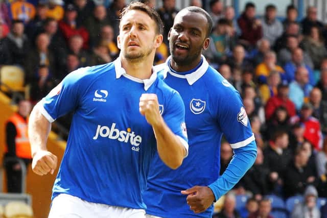 Matt Tubbs celebrates after opening the scoring at Mansfield. Picture: Joe Pepler