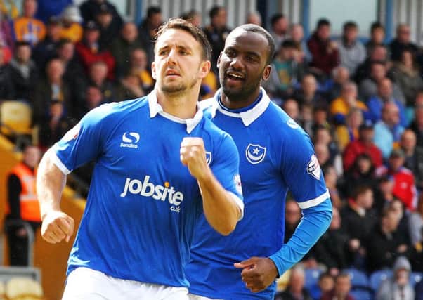 Matt Tubbs celebrates after opening the scoring at Mansfield. Picture: Joe Pepler