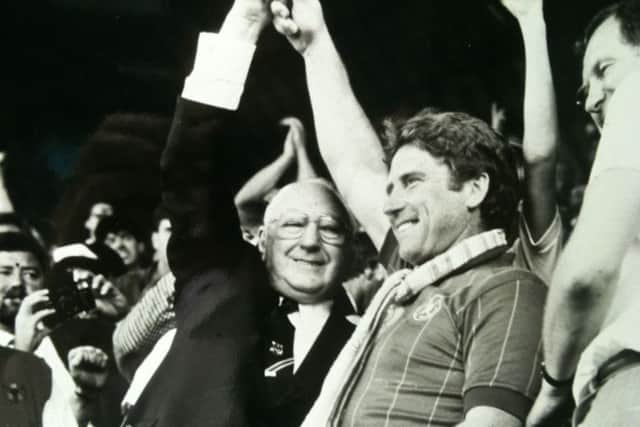 Pompey chairman John Deacon and Alan Ball celebrate promotion in 1987