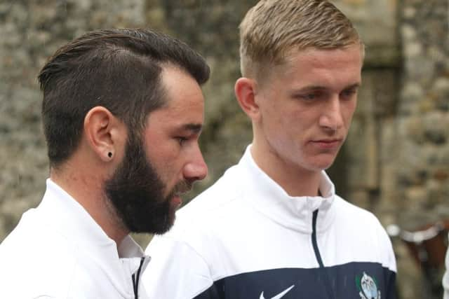 Jamie McKenzie, left, and Brad Stevens speaking outside St Mary de Haura Church, Shoreham