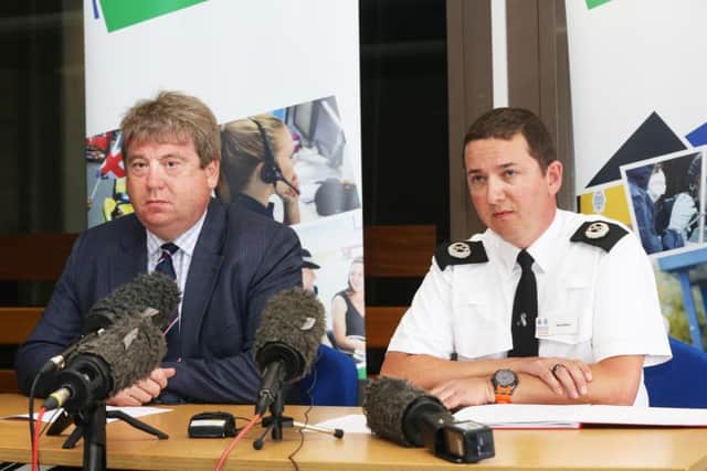 Plane crash Shoreham Airport - Sunday Police press briefing - pictured in left RAFA CEO Nick Bunting and Sussex Police ACC Steve Barry SUS-150823-173740001