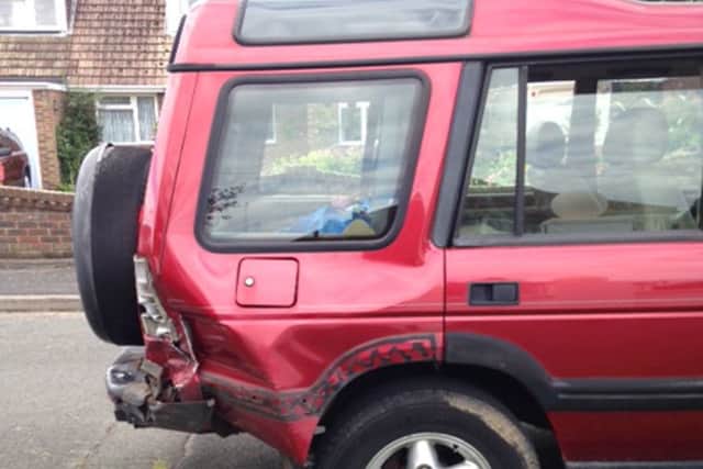 The crumpled Land Rover belonging to David Girton and Sharon Goodsir