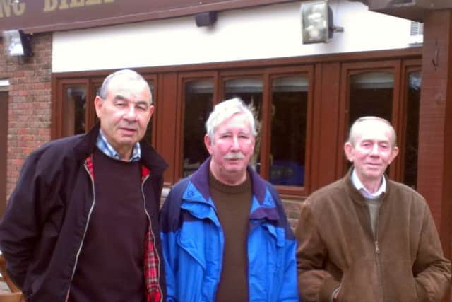 Jim Magill, Douglas Nash and Terry Page outside their favourite pub, Hayling Billy
