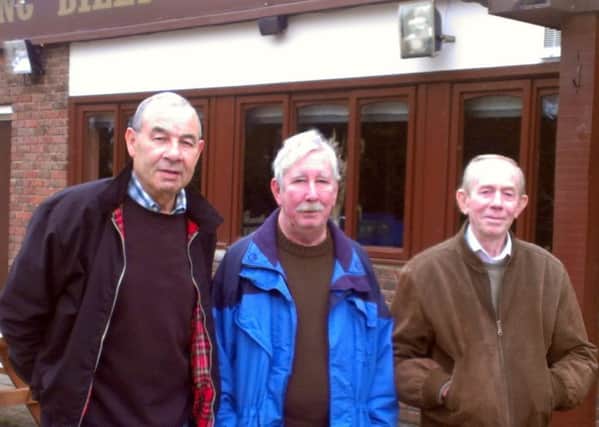 Jim Magill, Douglas Nash and Terry Page outside their favourite pub, Hayling Billy