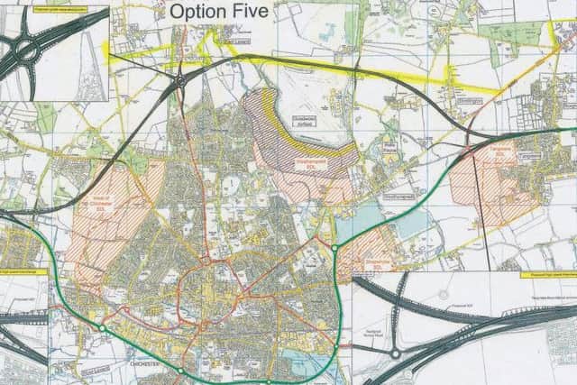 Option Five, the second of two draft bypasses north of Chichester. Â©Crown copyright 2016 Ordnance Survey. Media 013/16