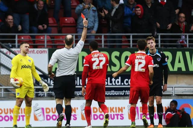 Adam Webster is sent off against Leyton Orient. Picture: Joe Pepler