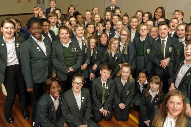 Sarah Parish with Year 7-10 pupils at St Edmund's Catholic School