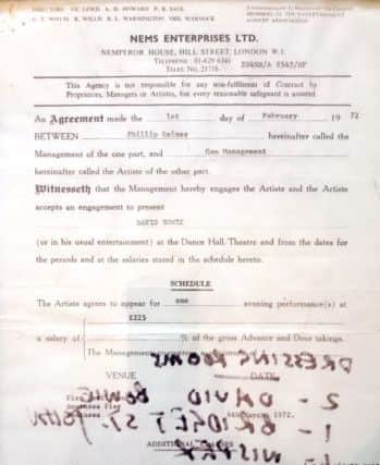 The contract for David Bowie's March 1972 gig at South Parade Pier, Southsea
