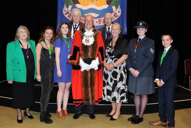 Citizen of Honour 2015 winners L-R  Dee Batu, Tiffany Desmond, Charlie Wilson, Tony Brown, Mayor of Fareham, Vic Rutland, Sharon Noble, Mayors Cadet Gabriella Lashmore and Harry Smith
