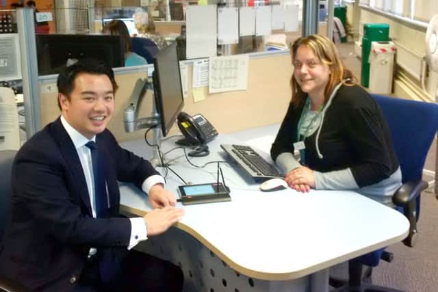 OPPORTUNITIES Alan Mak MP with Leone Hill, manager at Havant Job Centre, discussing the job fair