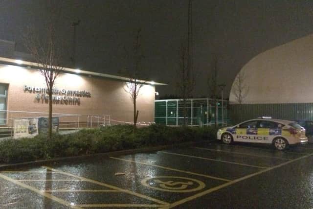 A man died after being electrocuted in an artificial football pitch between the Mountbatten Centre and Portsmouth Gymnastics Centre. The pitch is taped off tonight Picture: Kimberley Barber