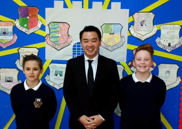 BRIGHT FUTURE Alan Mak MP with Morelands Primary School pupils Lola Nutland and Ethan Harwood
