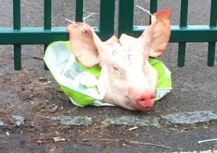 A pig's head left tied to the Madani school gate in Portsmouth, with an obscene message