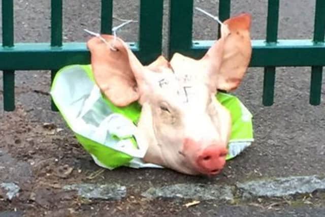 A pig's head left tied to the Madani school gate in Portsmouth, with an obscene message