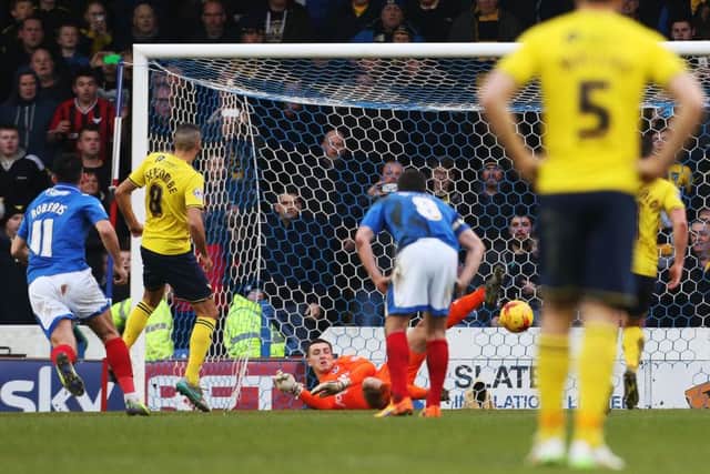 Ryan Fulton saves the penalty. Picture: Joe Pepler